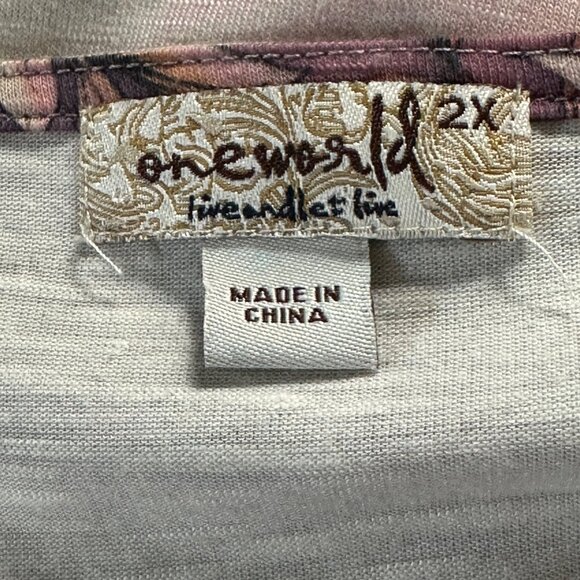 One World size 2X pink ombré floral print 3/4 ruched tie cuff sleeve v neck top - Picture 6 of 9